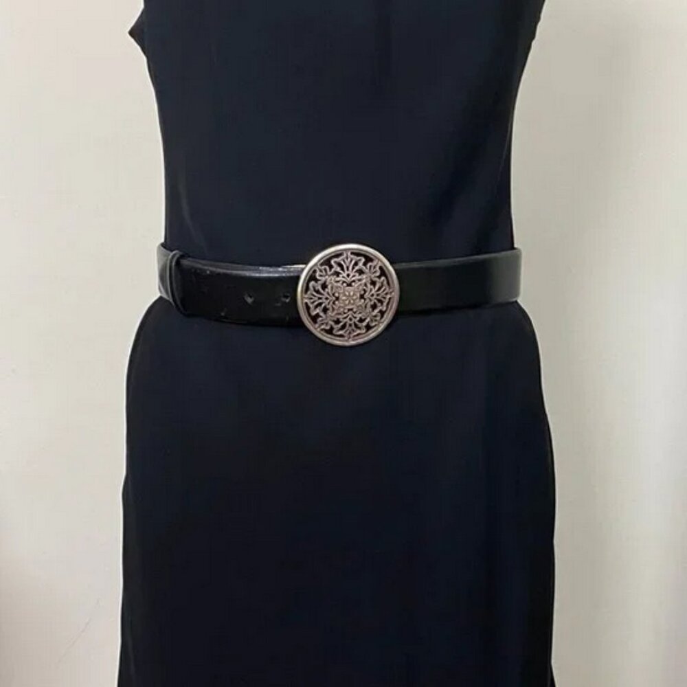 Black Leather Belt with a Circular Snowflake Metal Buckle
